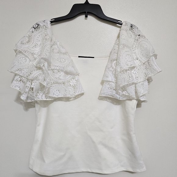 BOSTON PROPER Square Neck Crochet Ruffle Sleeve Stretch Blouse Large Off-White - Picture 9 of 16